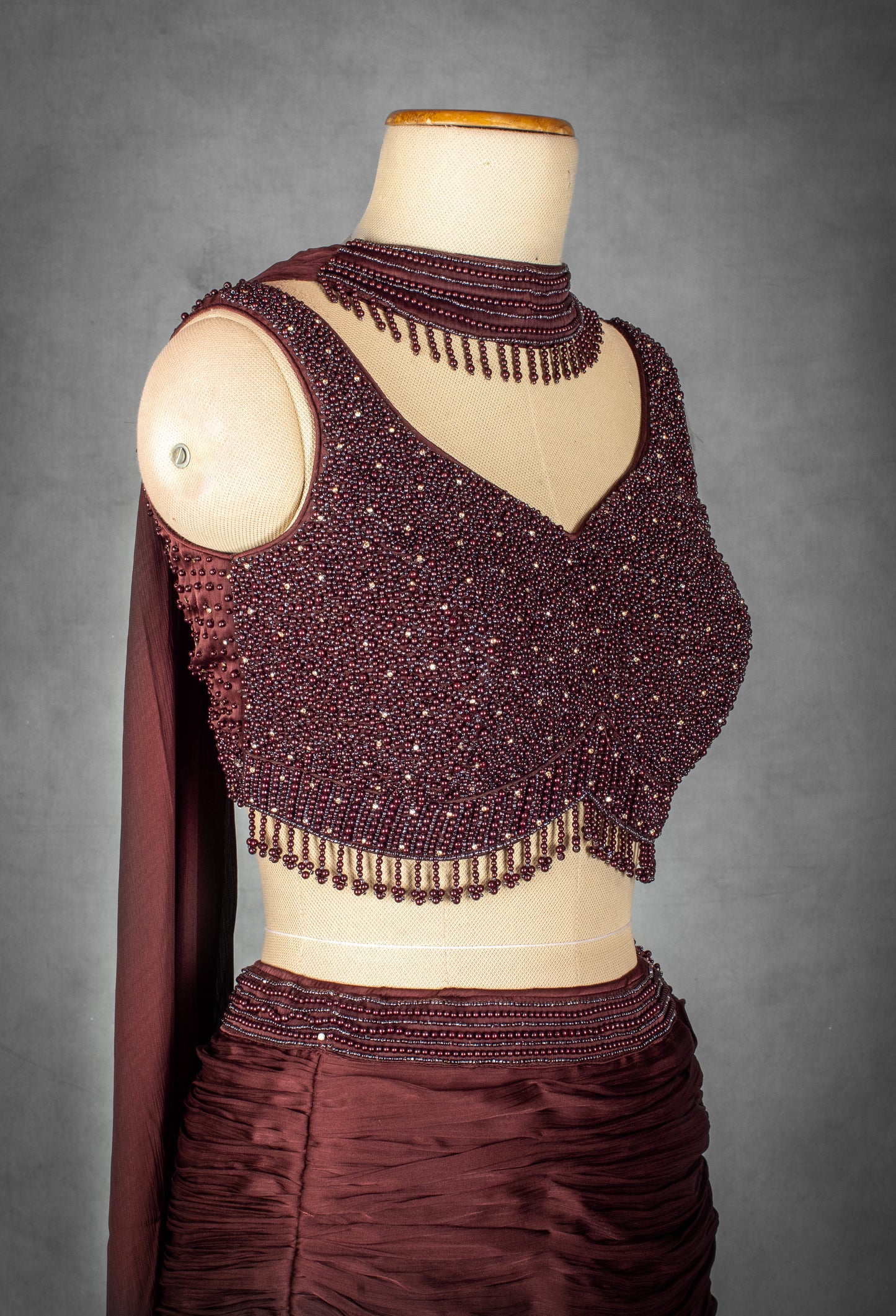 Deep Wine Ruched Lehenga Set with Hand-Embellished Blouse