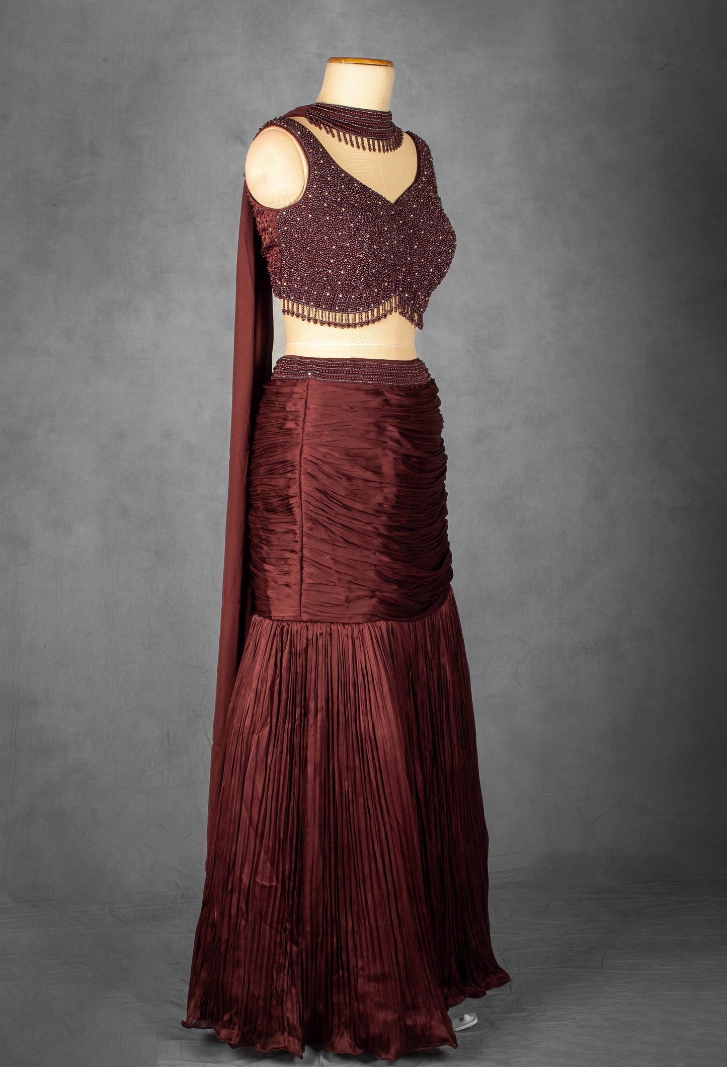 Deep Wine Ruched Lehenga Set with Hand-Embellished Blouse