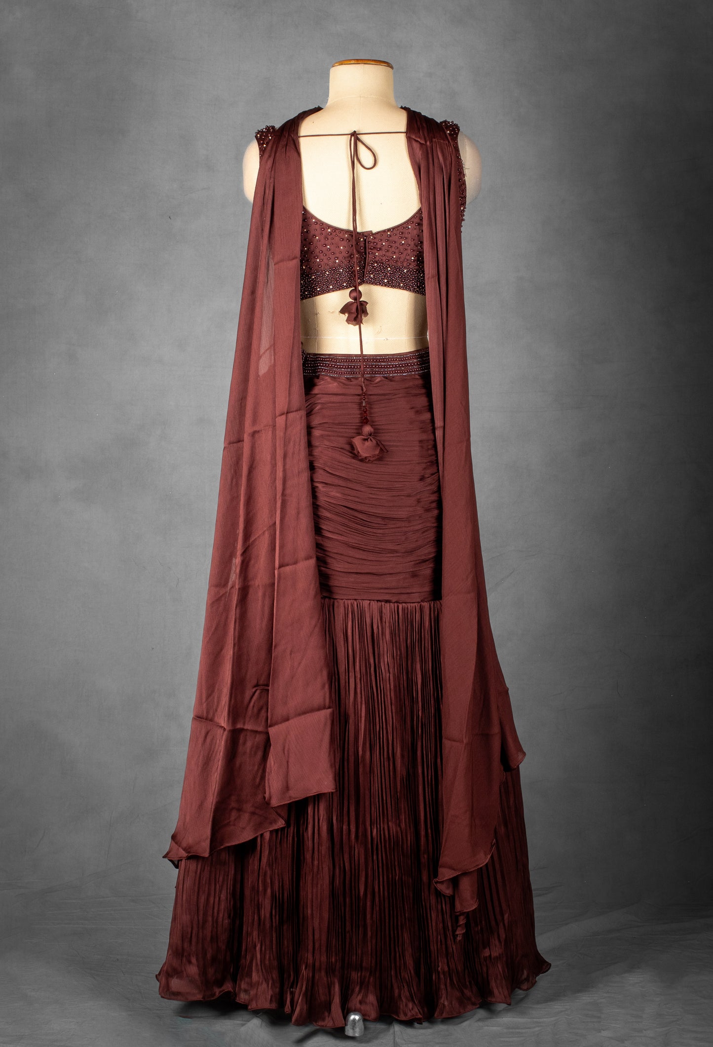 Deep Wine Ruched Lehenga Set with Hand-Embellished Blouse