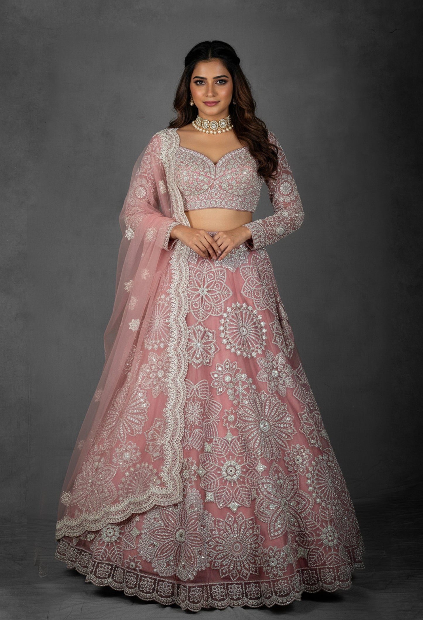 Dusty Rose Pink Hand-Embroidered Lehenga Set with Beaded Tassel Blouse