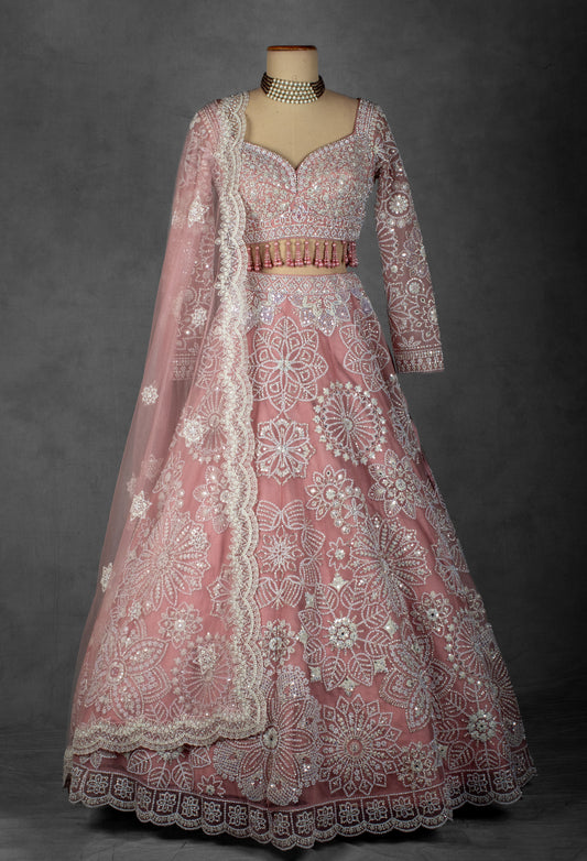 Dusty Rose Pink Hand-Embroidered Lehenga Set with Beaded Tassel Blouse