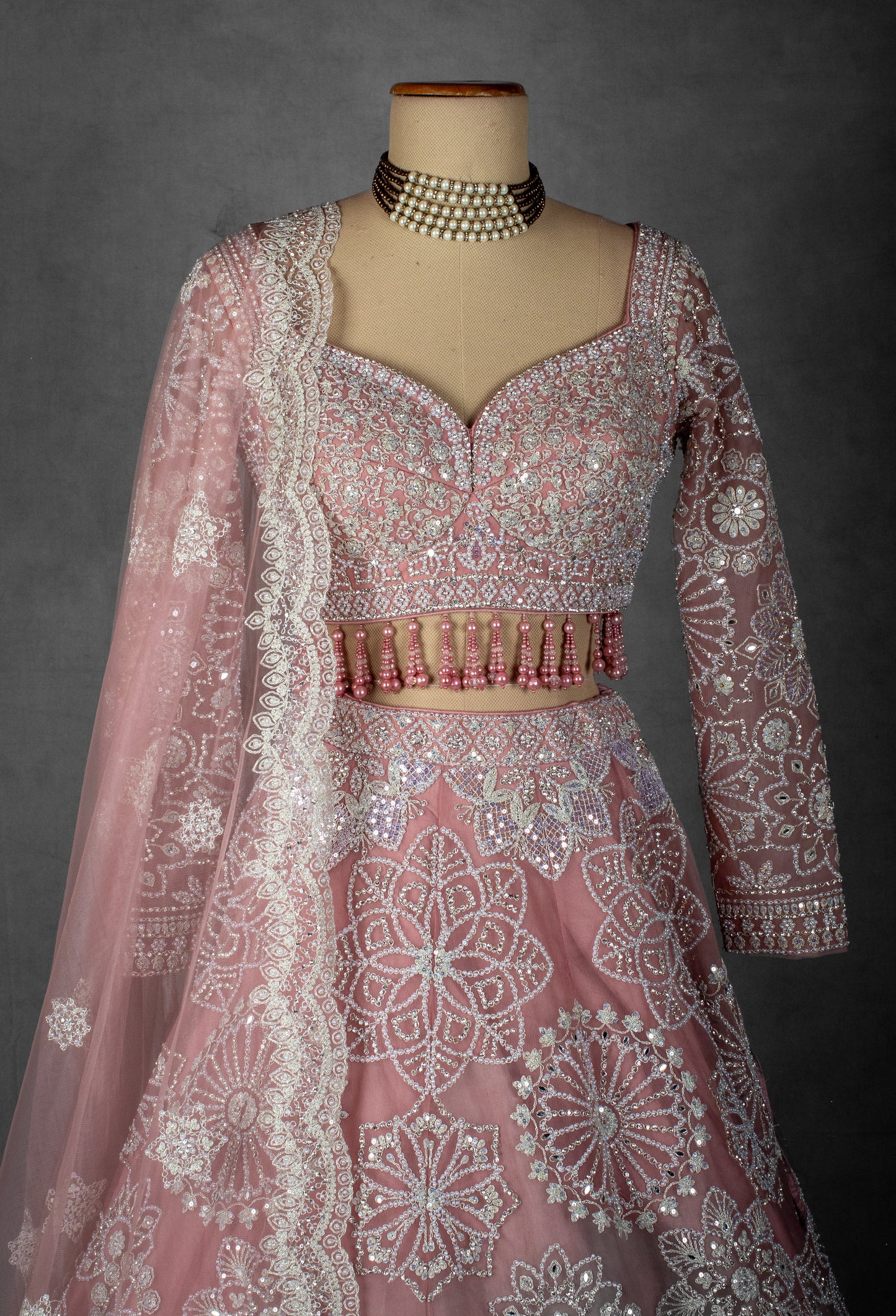 Dusty Rose Pink Hand-Embroidered Lehenga Set with Beaded Tassel Blouse