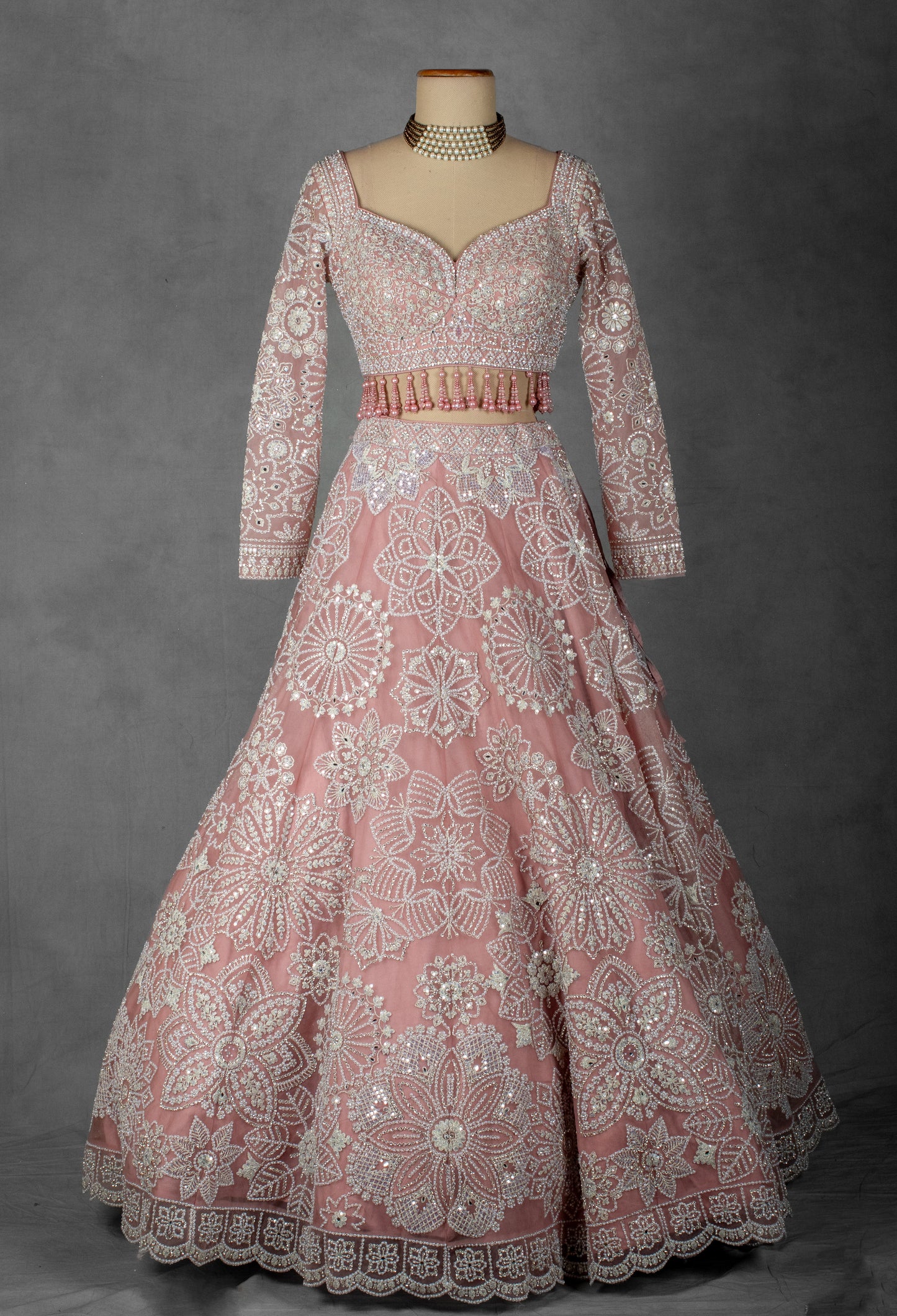 Dusty Rose Pink Hand-Embroidered Lehenga Set with Beaded Tassel Blouse