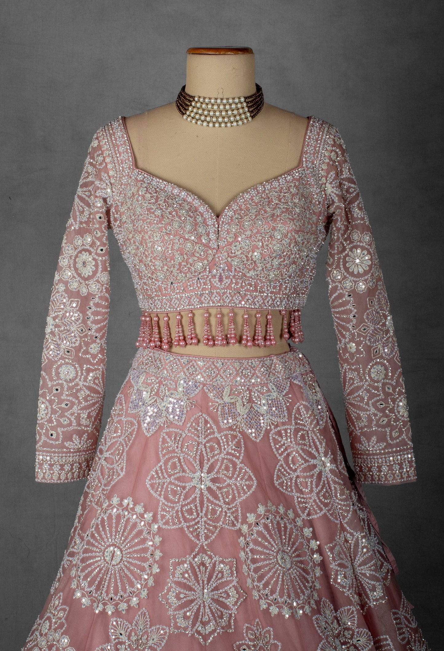 Dusty Rose Pink Hand-Embroidered Lehenga Set with Beaded Tassel Blouse