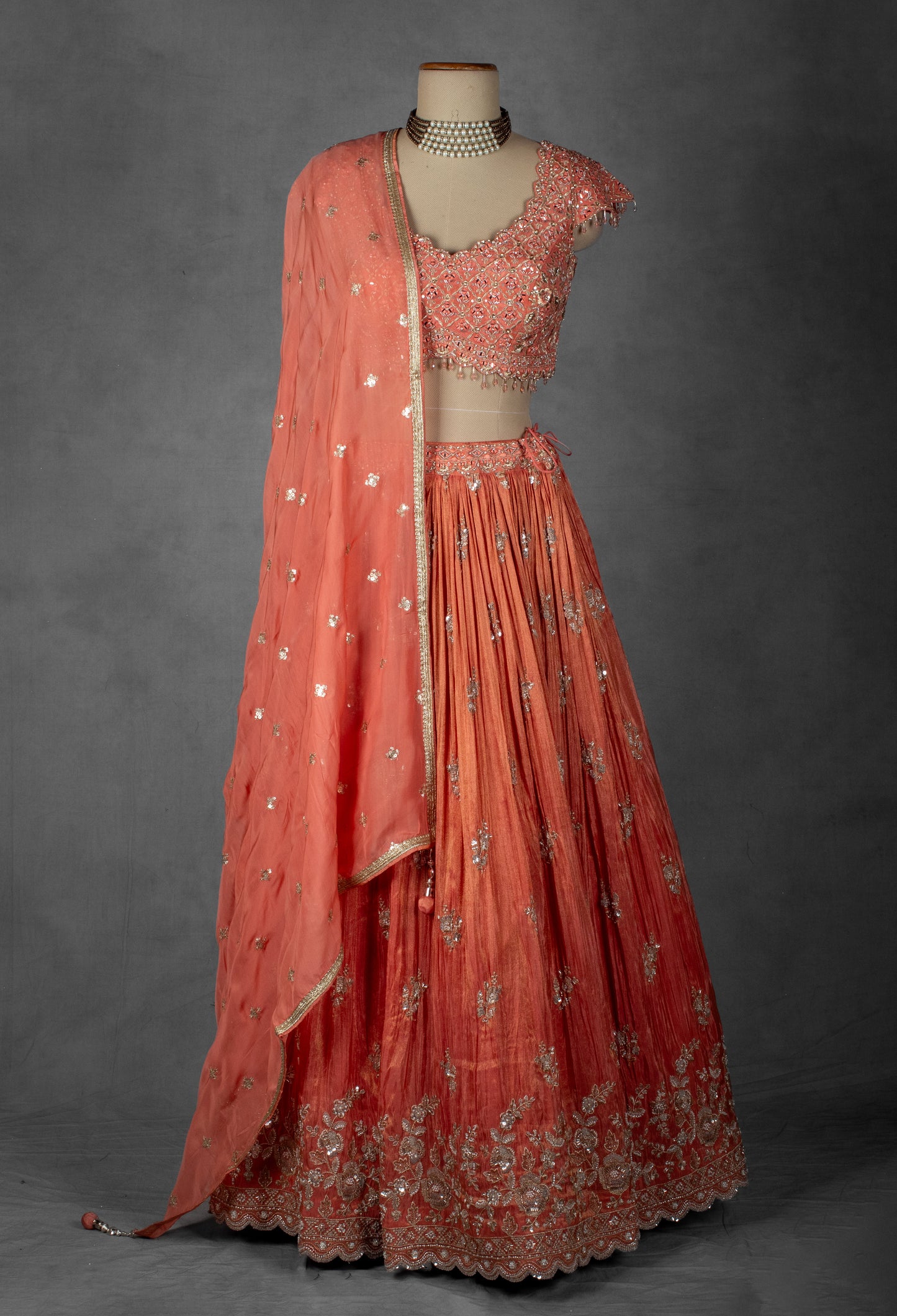 Embellished Coral Peach Lehenga Set with Handcrafted Floral Work