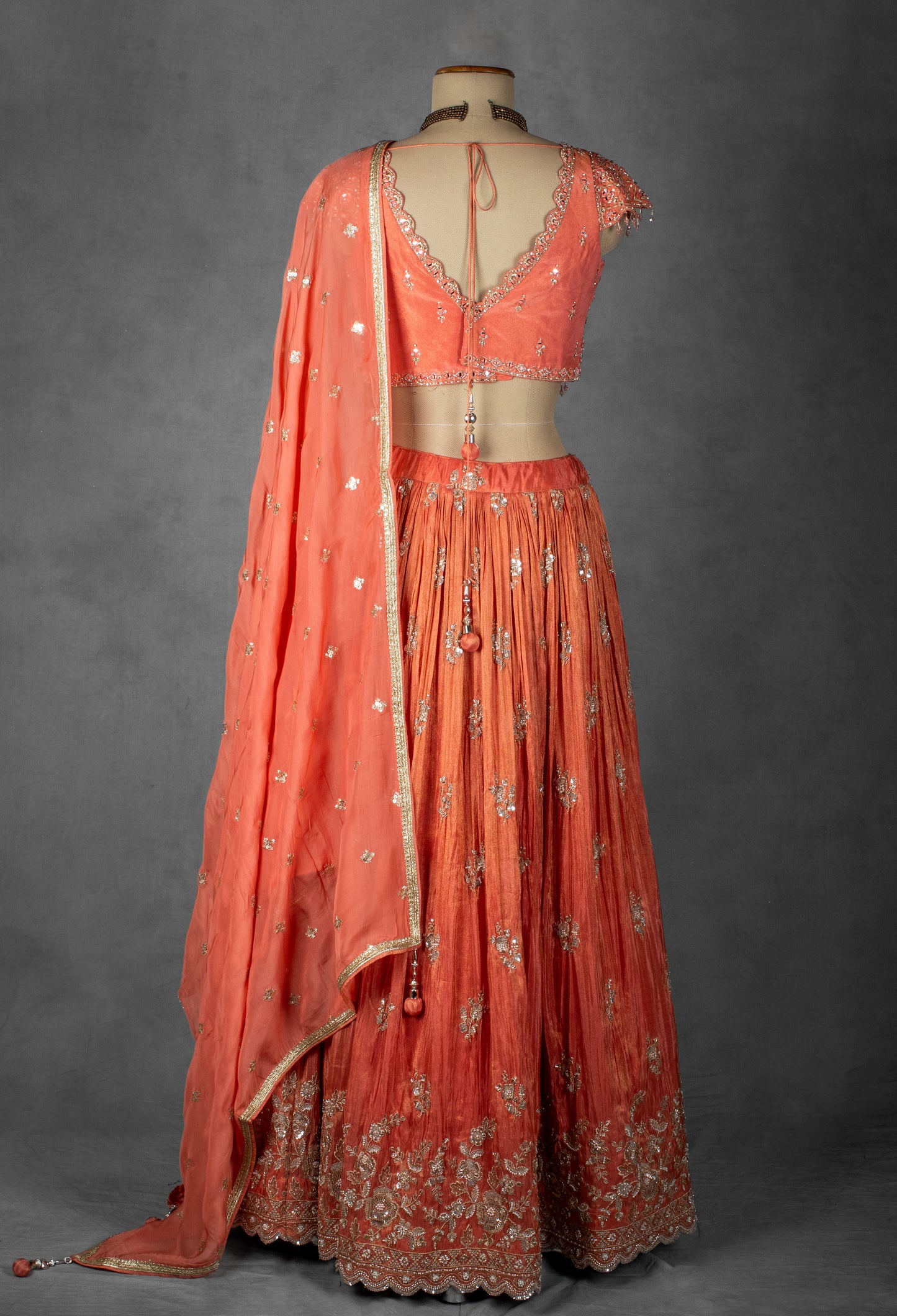 Embellished Coral Peach Lehenga Set with Handcrafted Floral Work