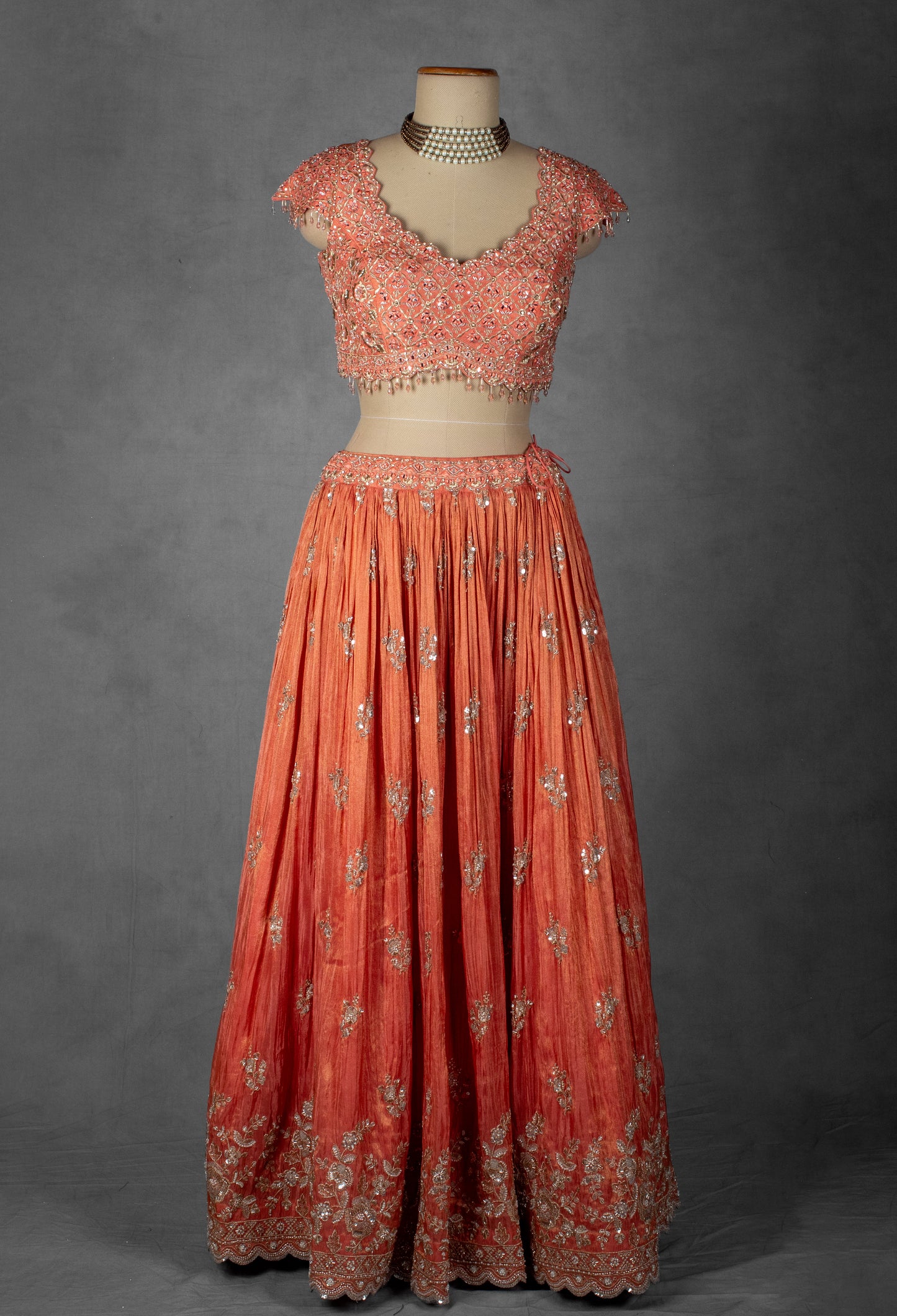 Embellished Coral Peach Lehenga Set with Handcrafted Floral Work