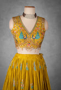 Mustard Yellow Hand-Embroidered Lehenga Set with Multicolor Thread and Zari Work