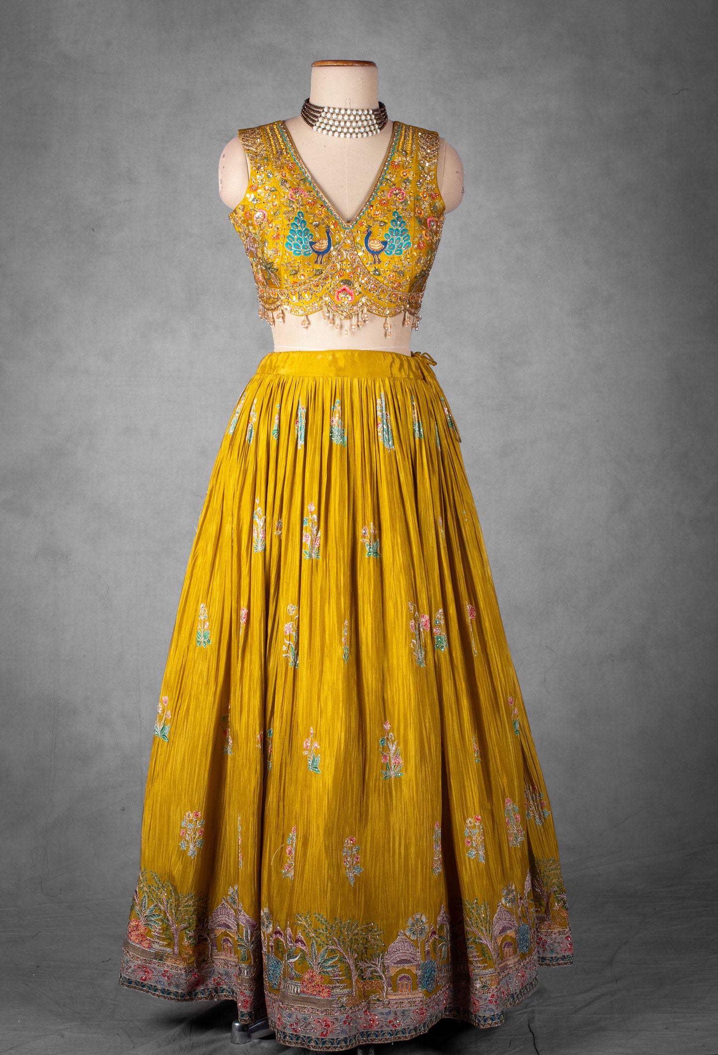 Mustard Yellow Hand-Embroidered Lehenga Set with Multicolor Thread and Zari Work