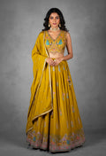 Mustard Yellow Hand-Embroidered Lehenga Set with Multicolor Thread and Zari Work
