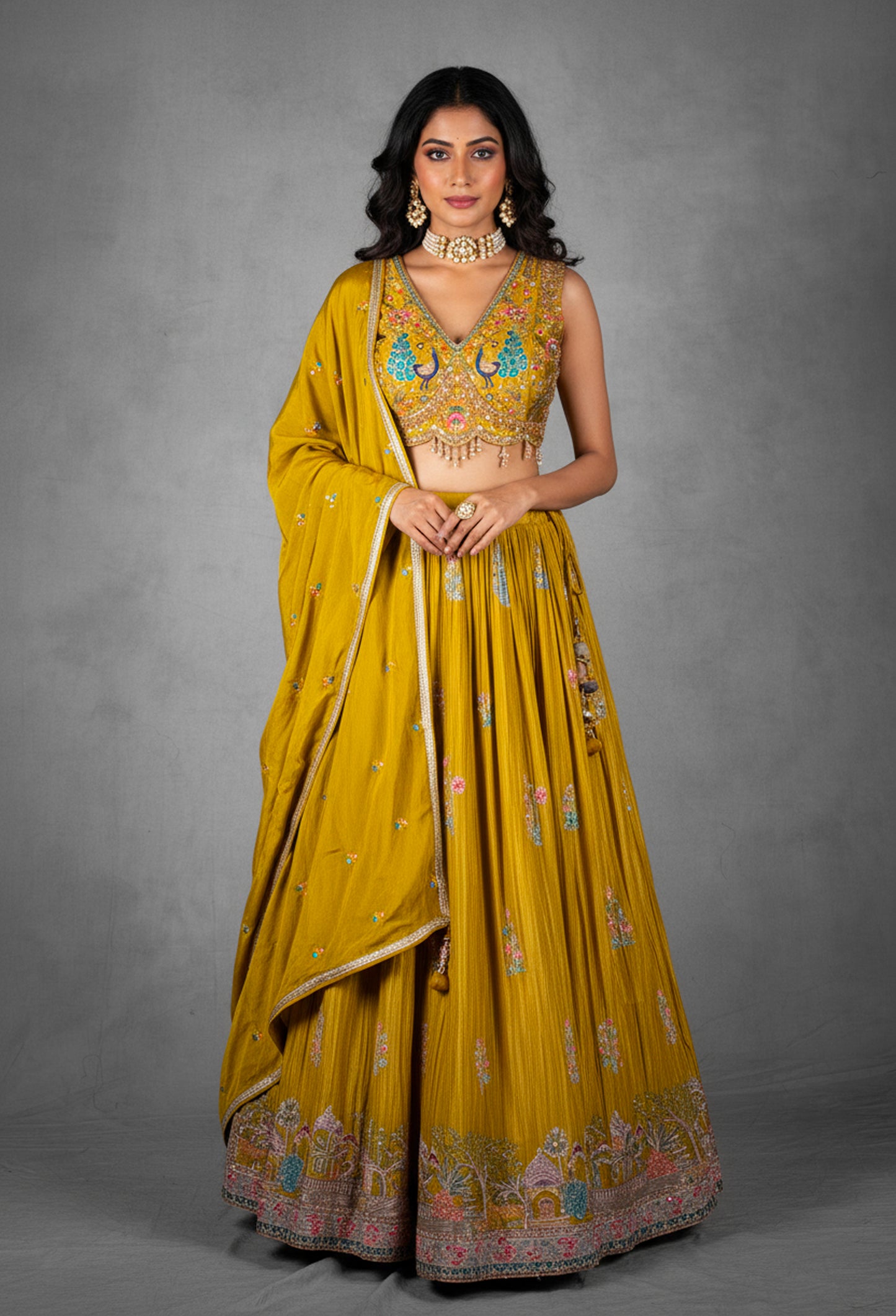 Mustard Yellow Hand-Embroidered Lehenga Set with Multicolor Thread and Zari Work
