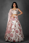 Ivory and Blush Pink Floral Printed Lehenga Set with Beaded Blouse
