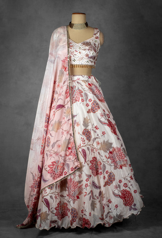 Ivory and Blush Pink Floral Printed Lehenga Set with Beaded Blouse