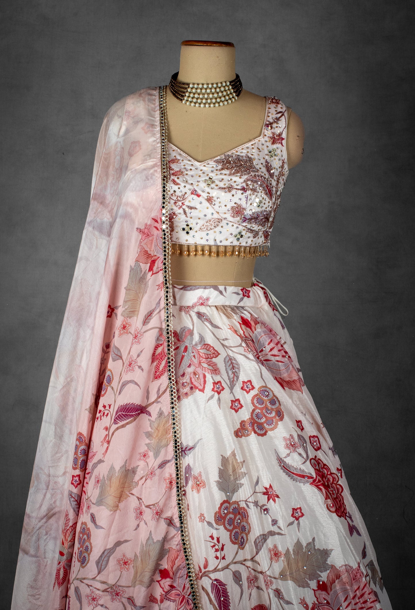 Ivory and Blush Pink Floral Printed Lehenga Set with Beaded Blouse