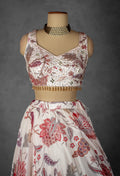 Ivory and Blush Pink Floral Printed Lehenga Set with Beaded Blouse
