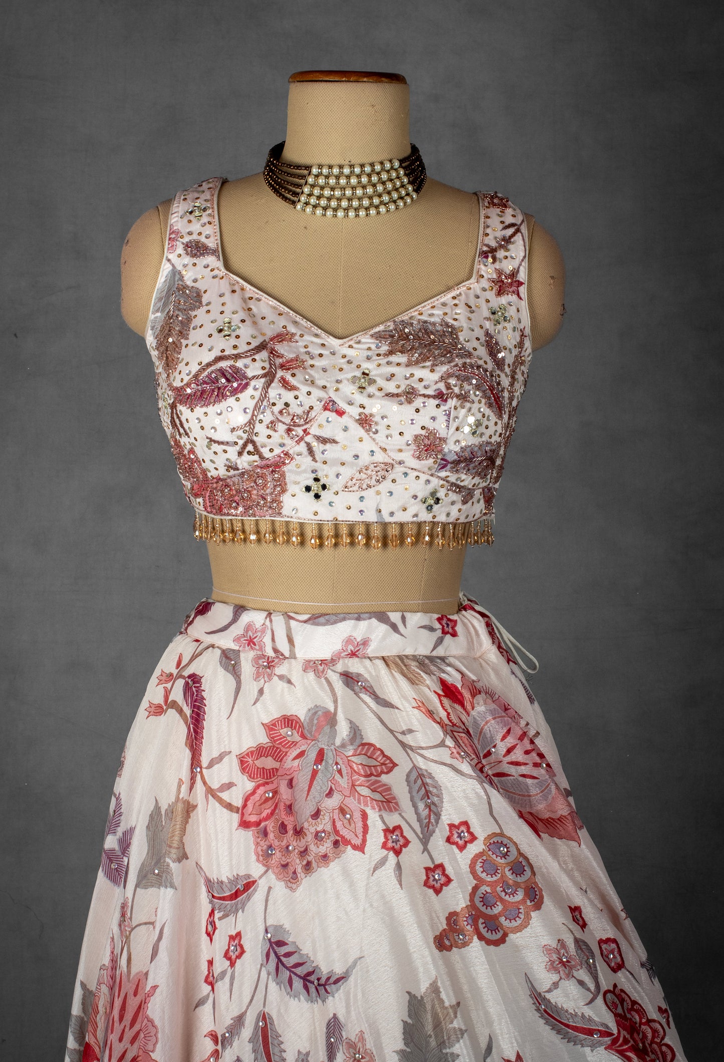 Ivory and Blush Pink Floral Printed Lehenga Set with Beaded Blouse