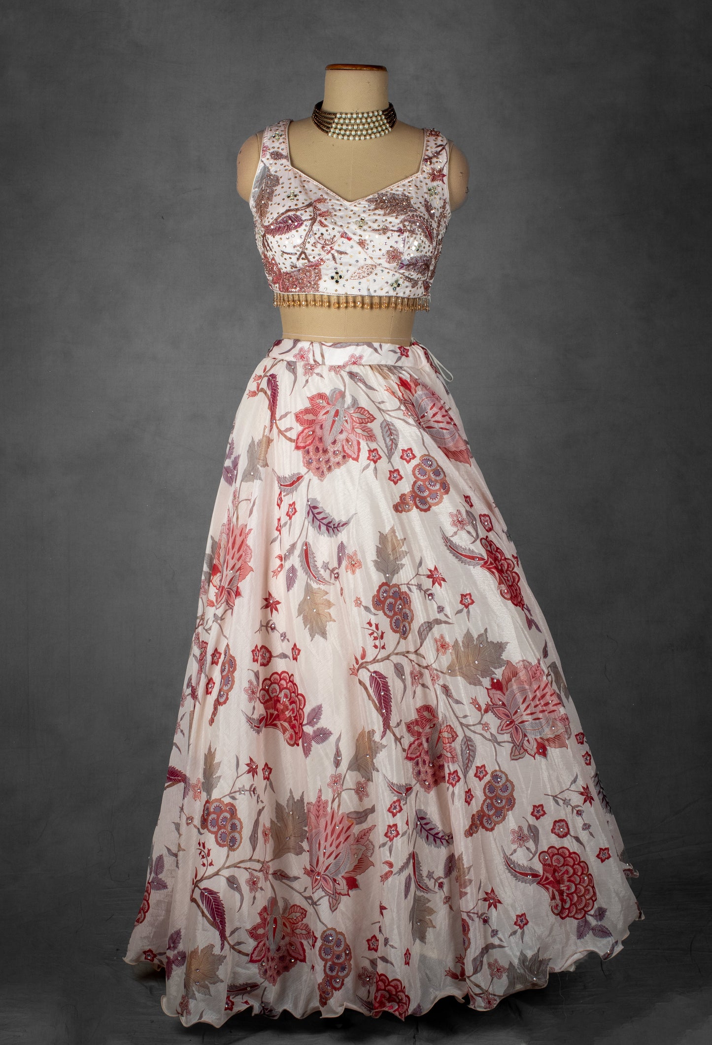 Ivory and Blush Pink Floral Printed Lehenga Set with Beaded Blouse