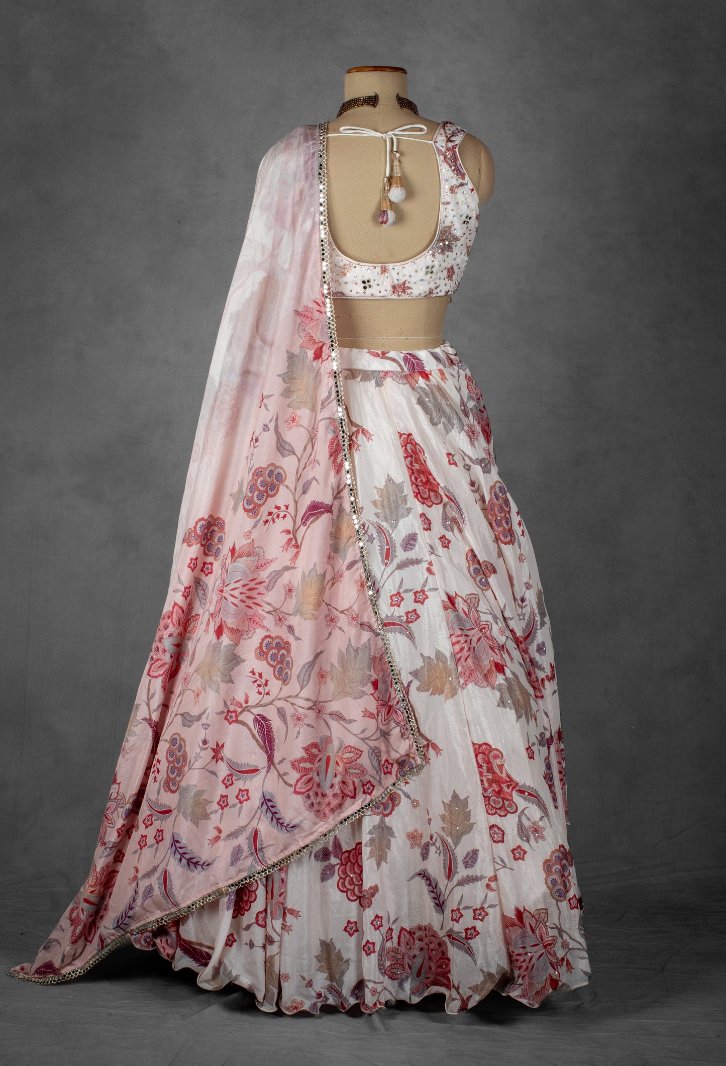 Ivory and Blush Pink Floral Printed Lehenga Set with Beaded Blouse