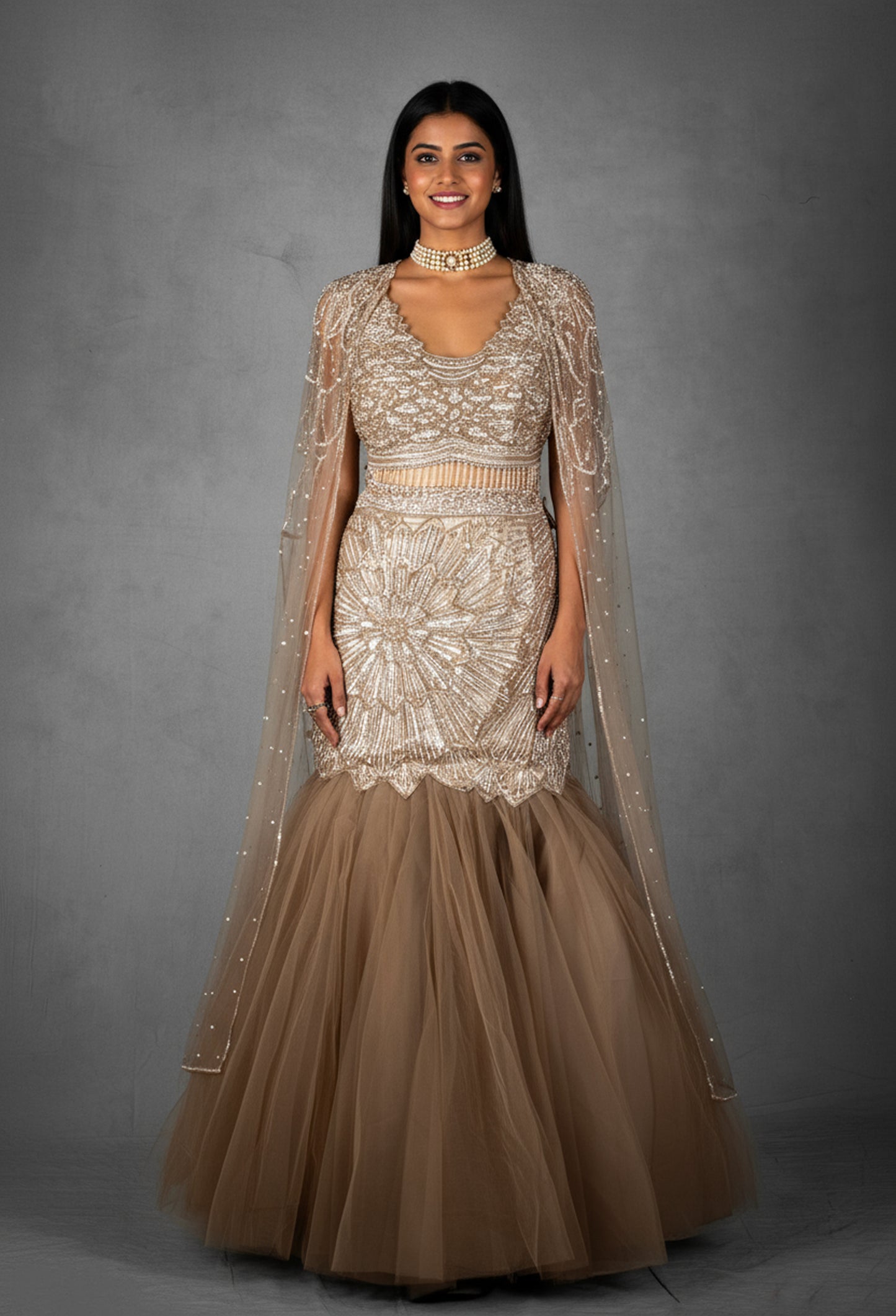 Champagne Gold Embellished Mermaid Lehenga Set with Sheer Cape Dupatta