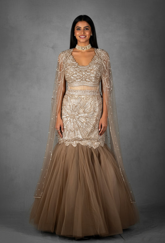 Champagne Gold Embellished Mermaid Lehenga Set with Sheer Cape Dupatta