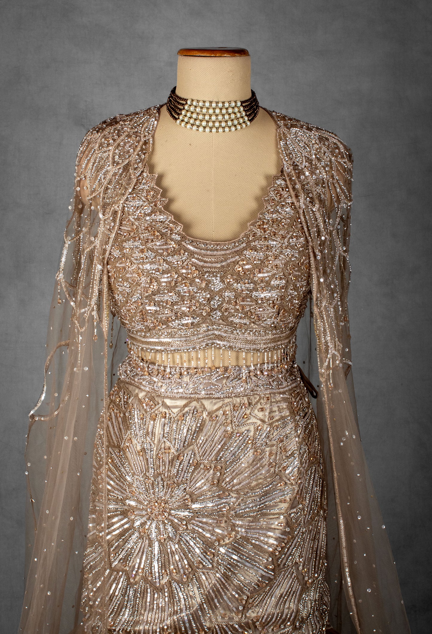 Champagne Gold Embellished Mermaid Lehenga Set with Sheer Cape Dupatta