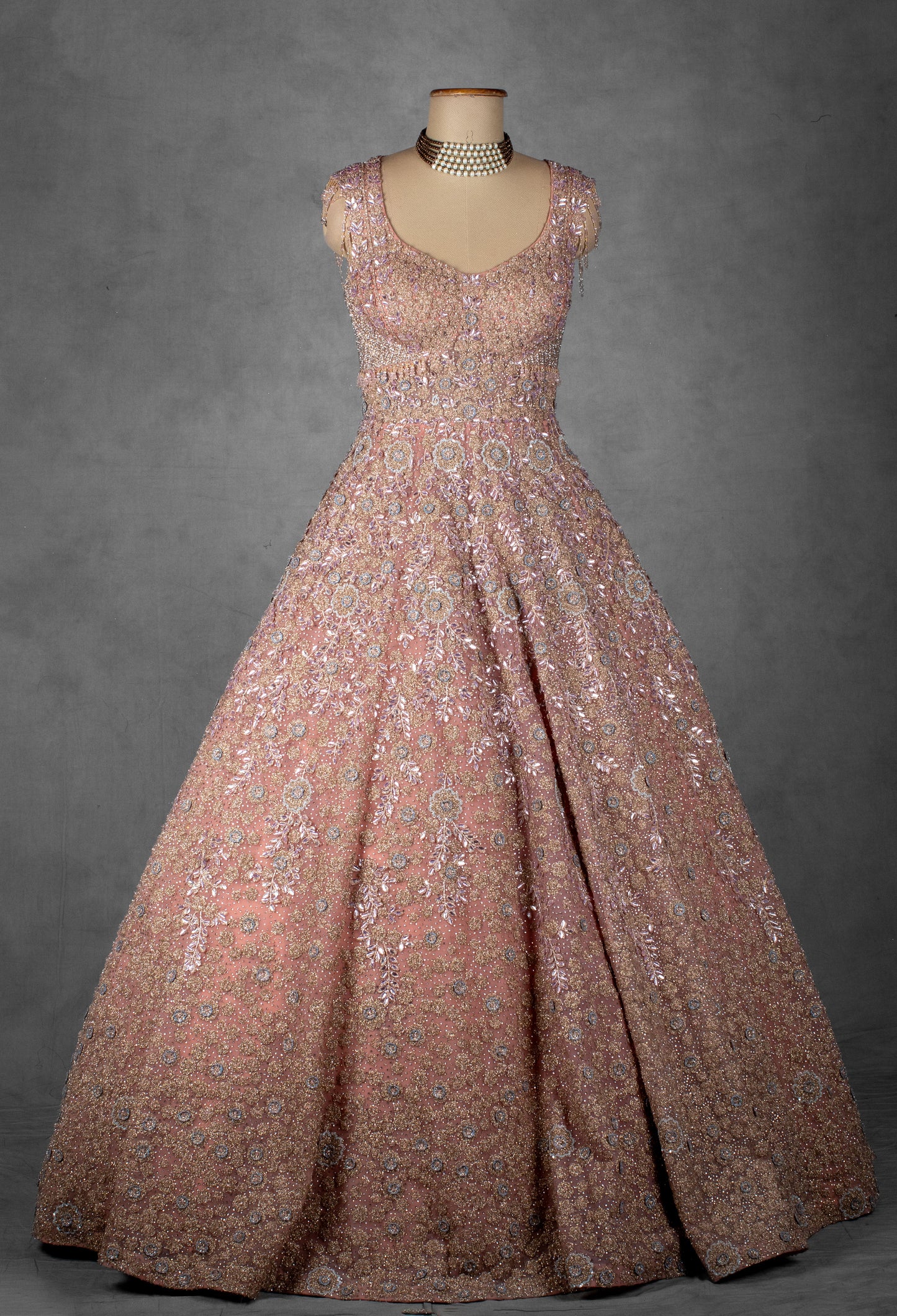 Blush Pink Hand-Embellished Ball Gown with Crystal and Sequin Detailing