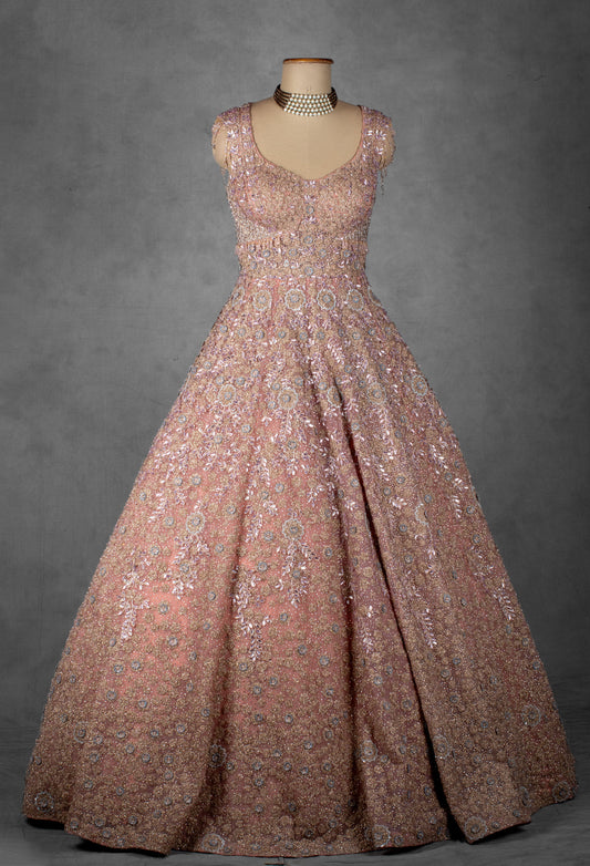 Blush Pink Hand-Embellished Ball Gown with Crystal and Sequin Detailing