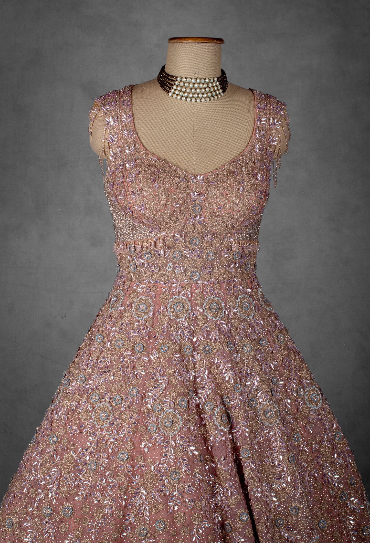 Blush Pink Hand-Embellished Ball Gown with Crystal and Sequin Detailing