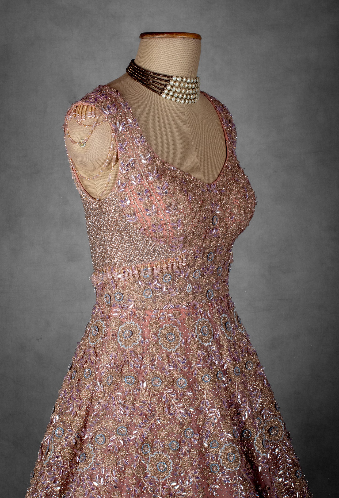 Blush Pink Hand-Embellished Ball Gown with Crystal and Sequin Detailing