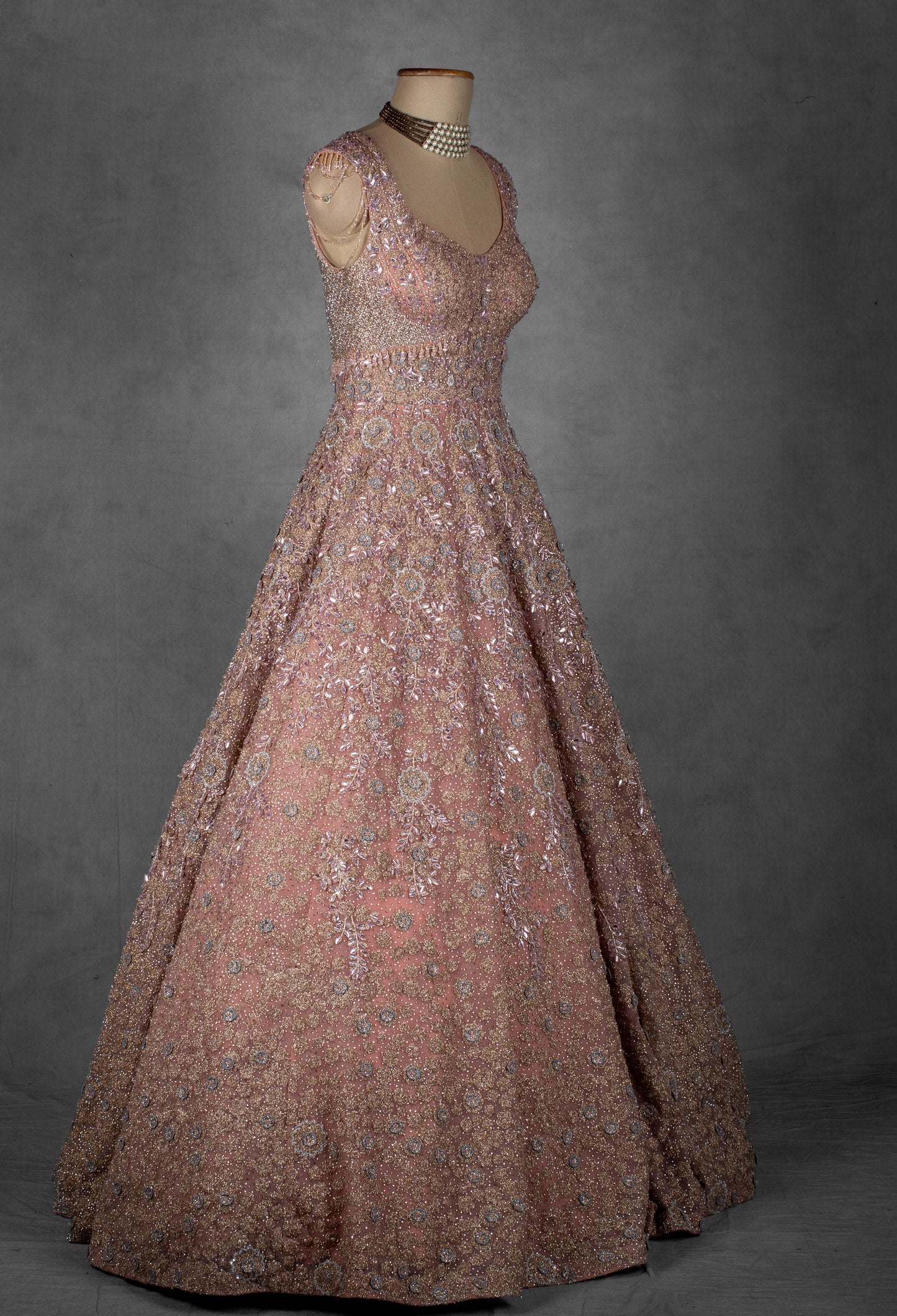 Blush Pink Hand-Embellished Ball Gown with Crystal and Sequin Detailing