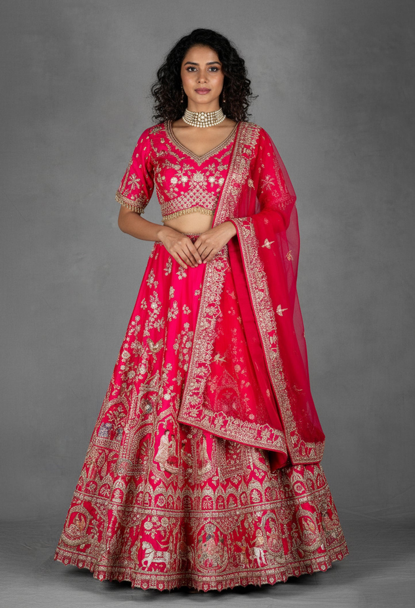 Fuchsia Pink Hand-Embroidered Bridal Lehenga with Zardosi and Resham Work