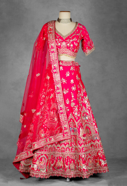 Fuchsia Pink Hand-Embroidered Bridal Lehenga with Zardosi and Resham Work