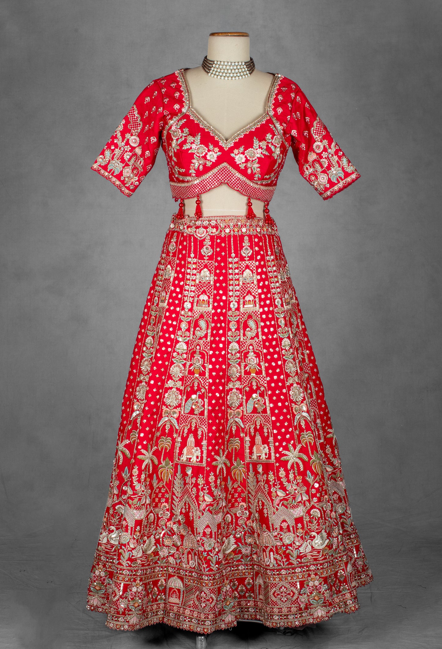 Classic Red Handcrafted Zardosi and Resham Bridal Lehenga with Heritage Motifs
