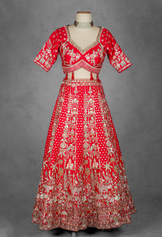 Classic red handcrafted zardosi bridal lehenga with heritage motifs – image 2