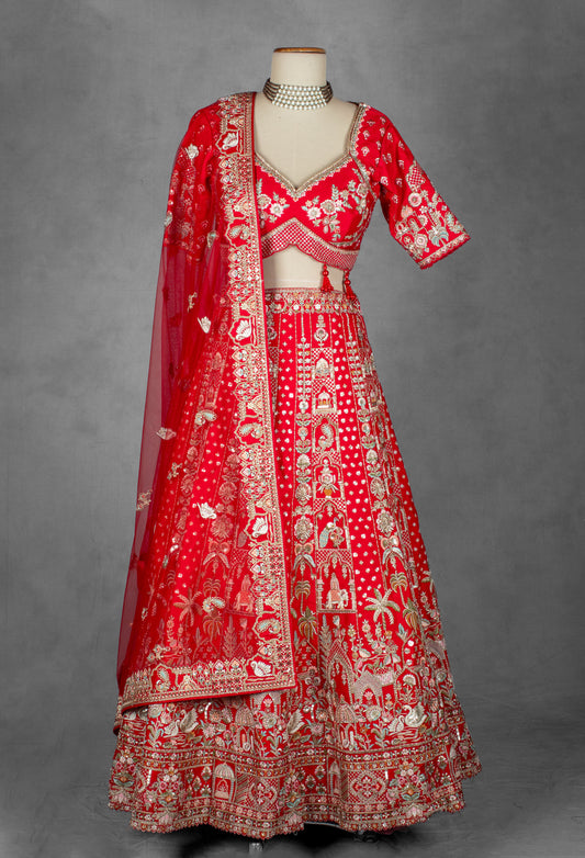 Classic Red Handcrafted Zardosi and Resham Bridal Lehenga with Heritage Motifs