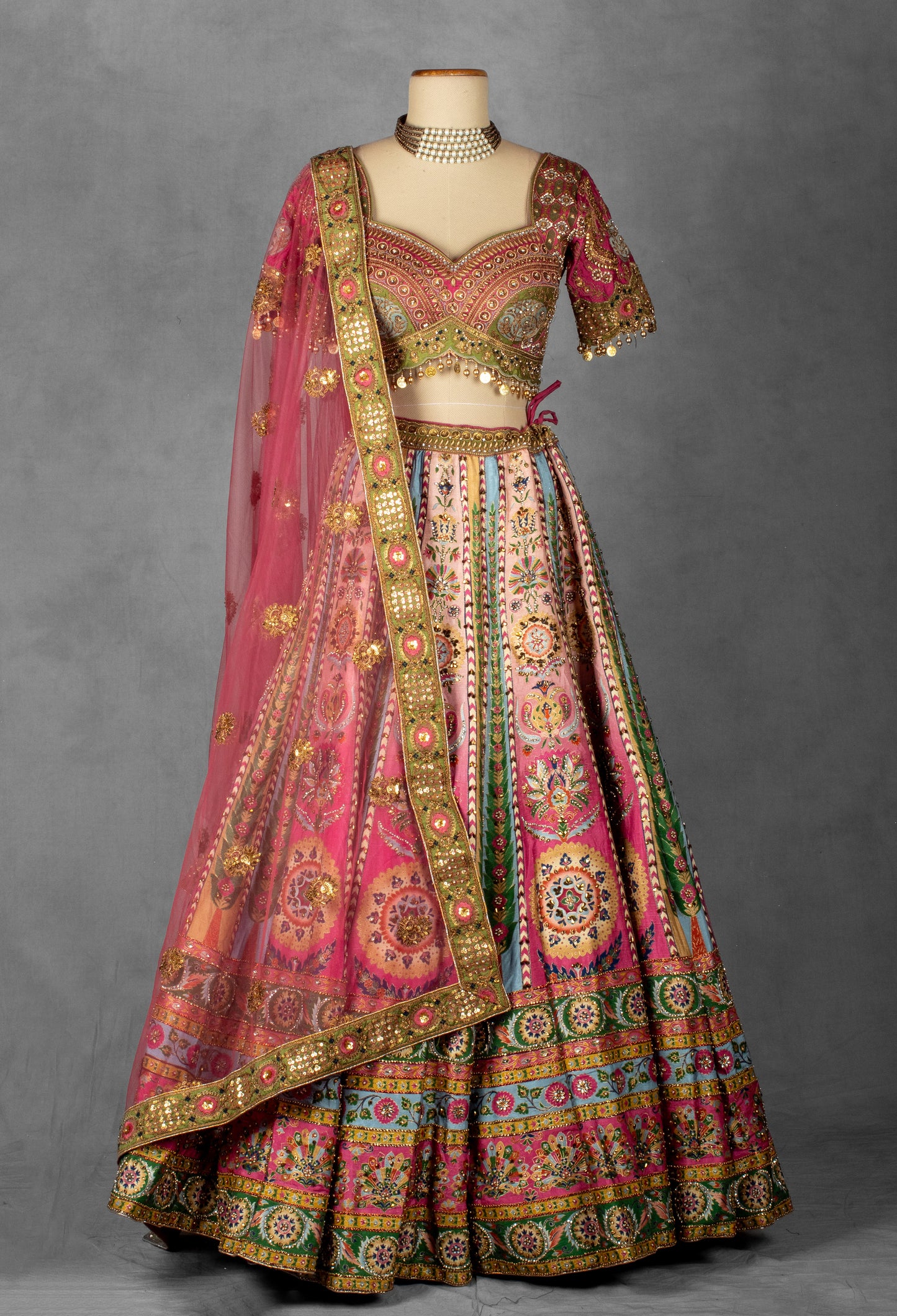 Multicolor Mirror and Thread Embroidered Silk Lehenga with Gota Patti Detailing
