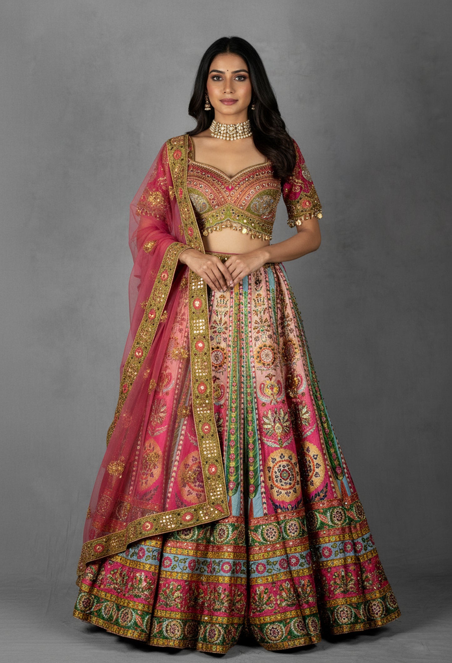 Multicolor Mirror and Thread Embroidered Silk Lehenga with Gota Patti Detailing