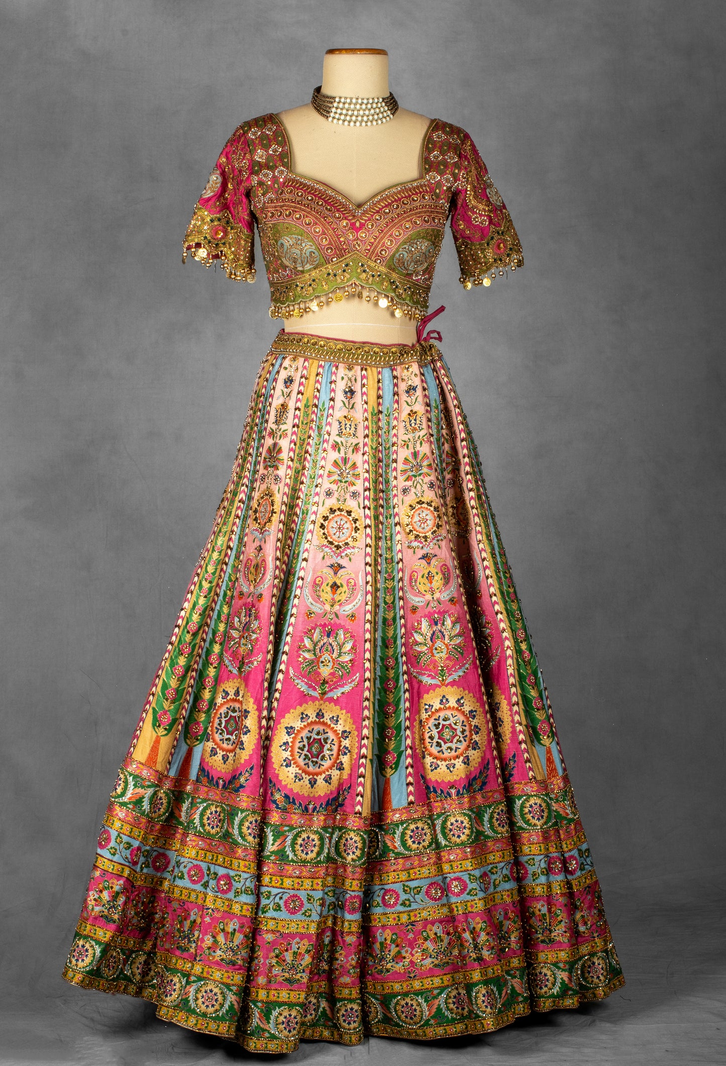 Multicolor Mirror and Thread Embroidered Silk Lehenga with Gota Patti Detailing
