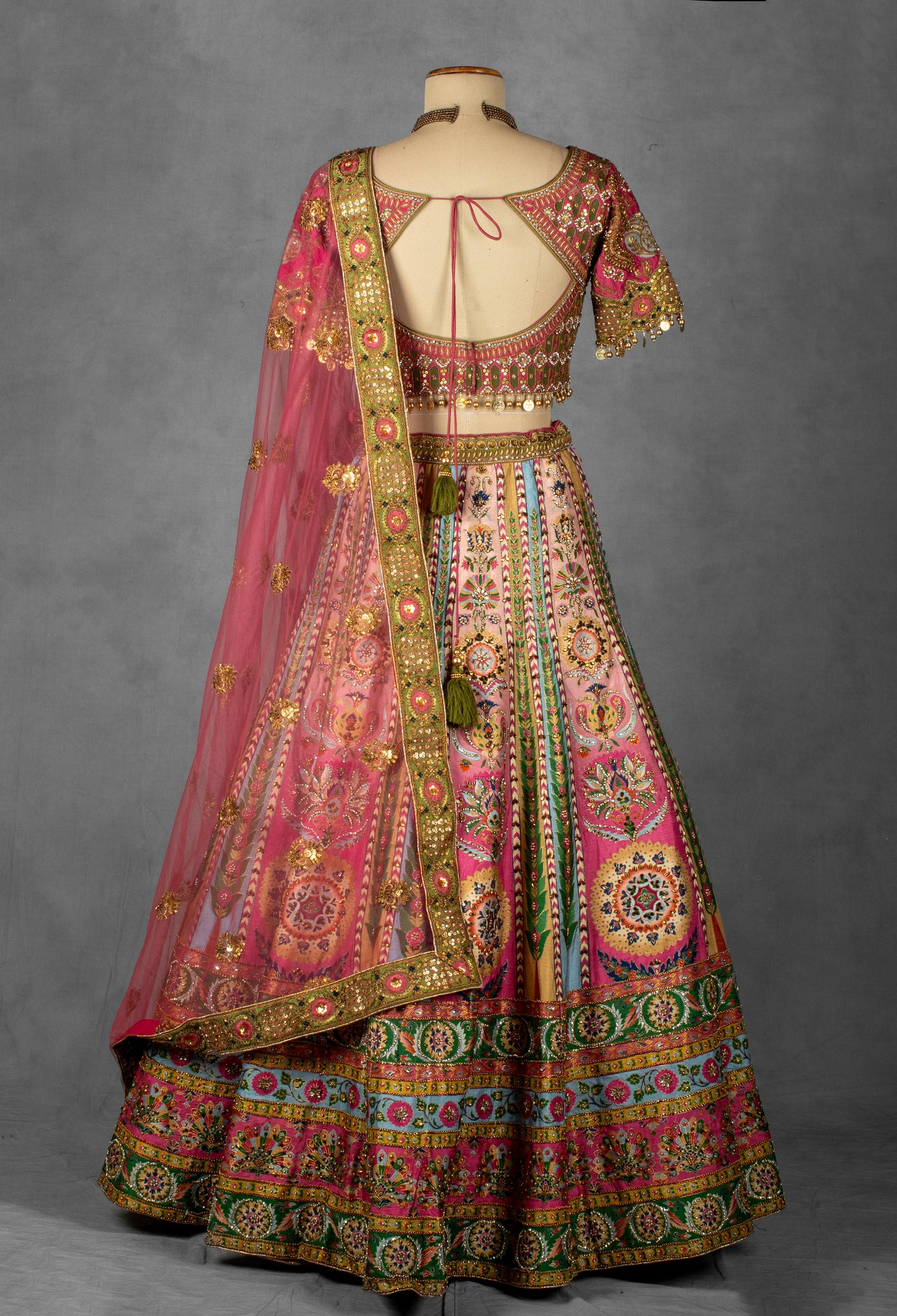 Multicolor Mirror and Thread Embroidered Silk Lehenga with Gota Patti Detailing