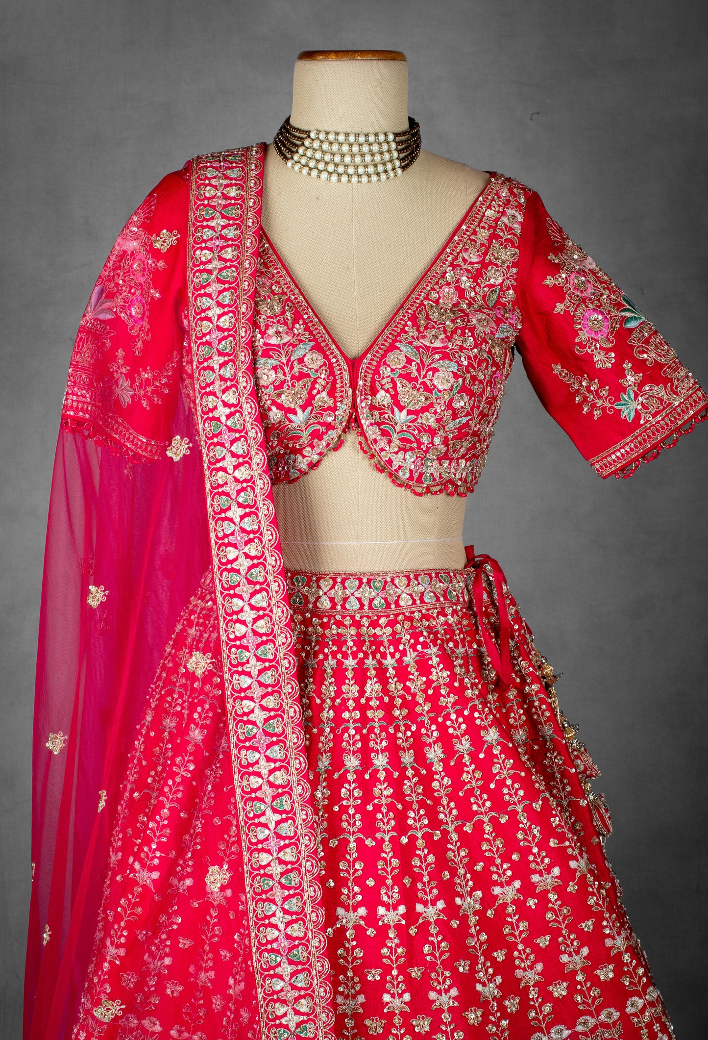 Crimson Red Zardozi Embroidered Bridal Lehenga with Sequined Blouse