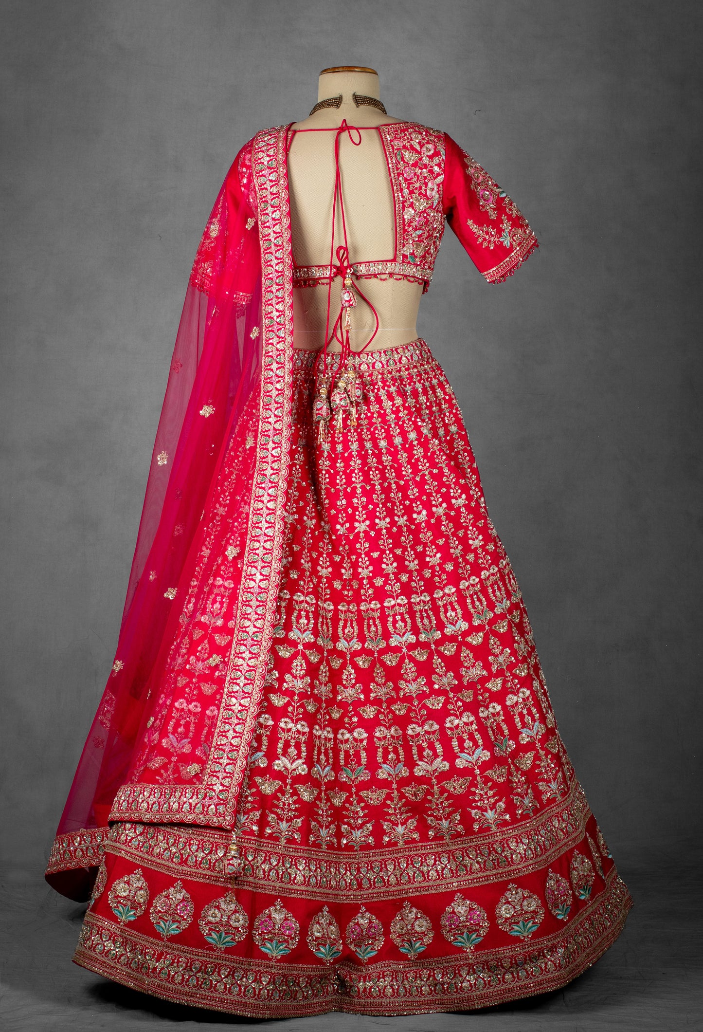 Crimson Red Zardozi Embroidered Bridal Lehenga with Sequined Blouse