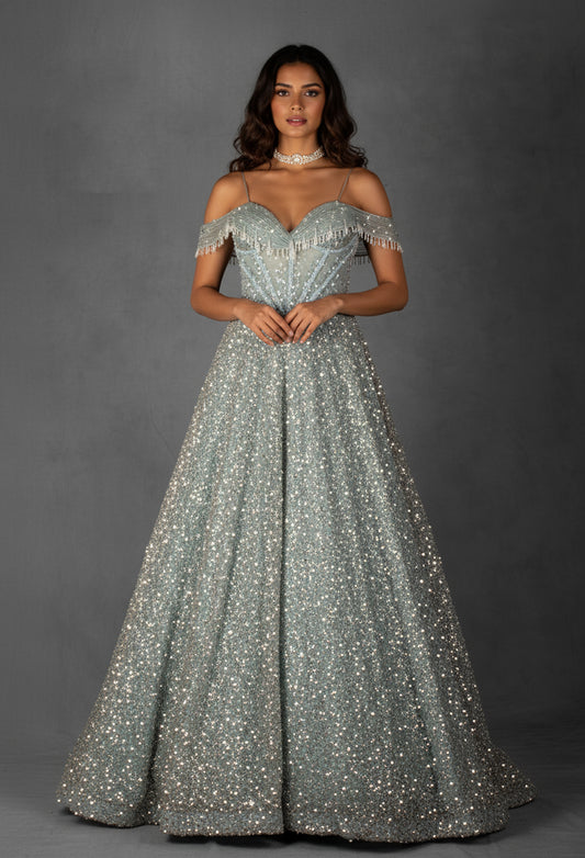 Ice Blue Off-Shoulder Crystal Embellished Ball Gown with Beaded Draped Bodice
