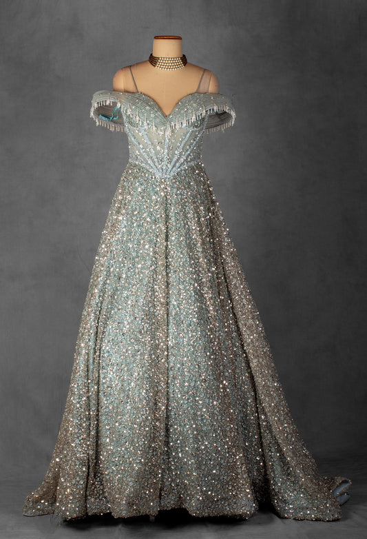 ice Blue Off-Shoulder Crystal Embellished Ball Gown with Beaded Draped Bodice