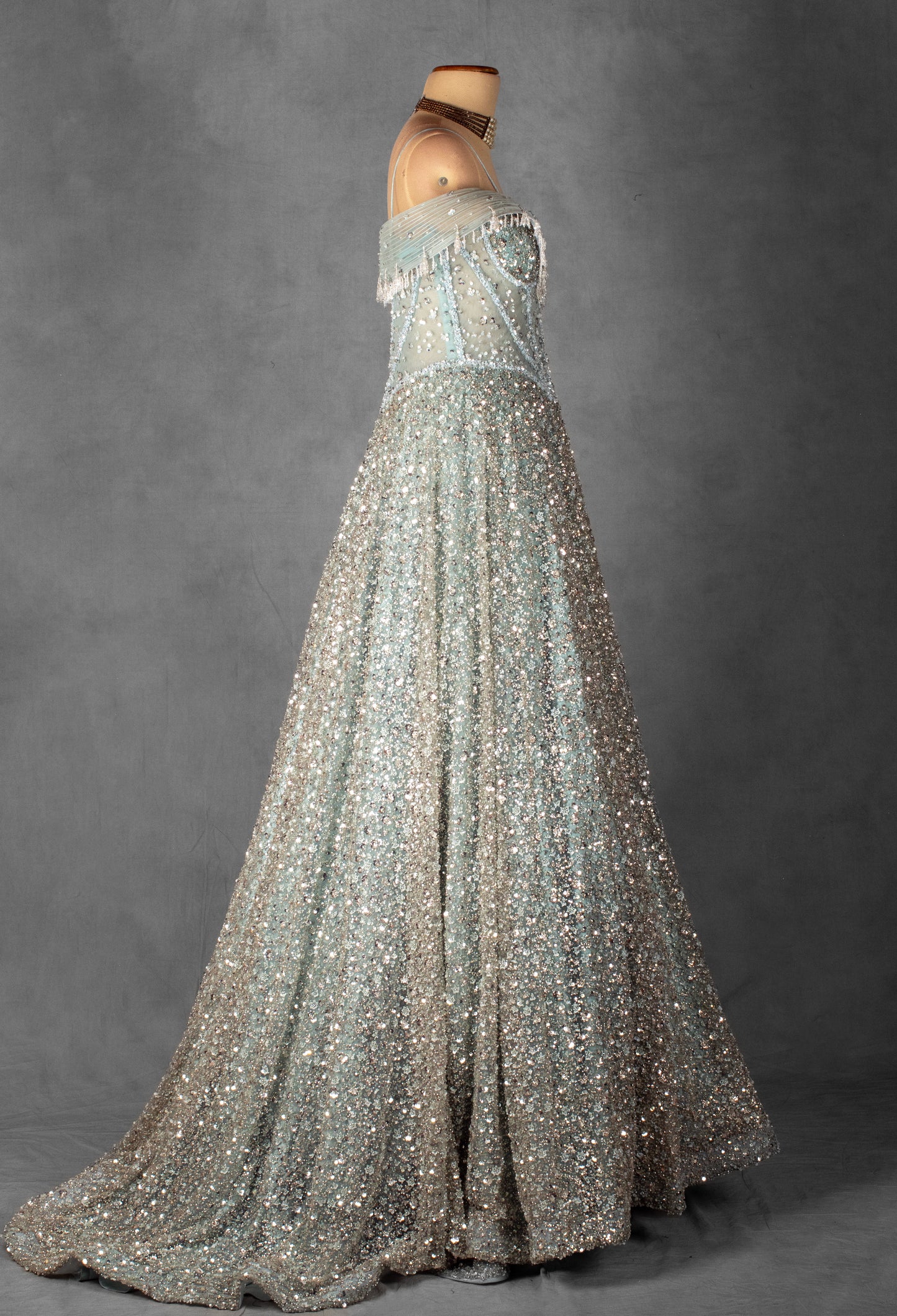 ice Blue Off-Shoulder Crystal Embellished Ball Gown with Beaded Draped Bodice