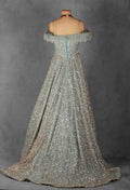 ice Blue Off-Shoulder Crystal Embellished Ball Gown with Beaded Draped Bodice
