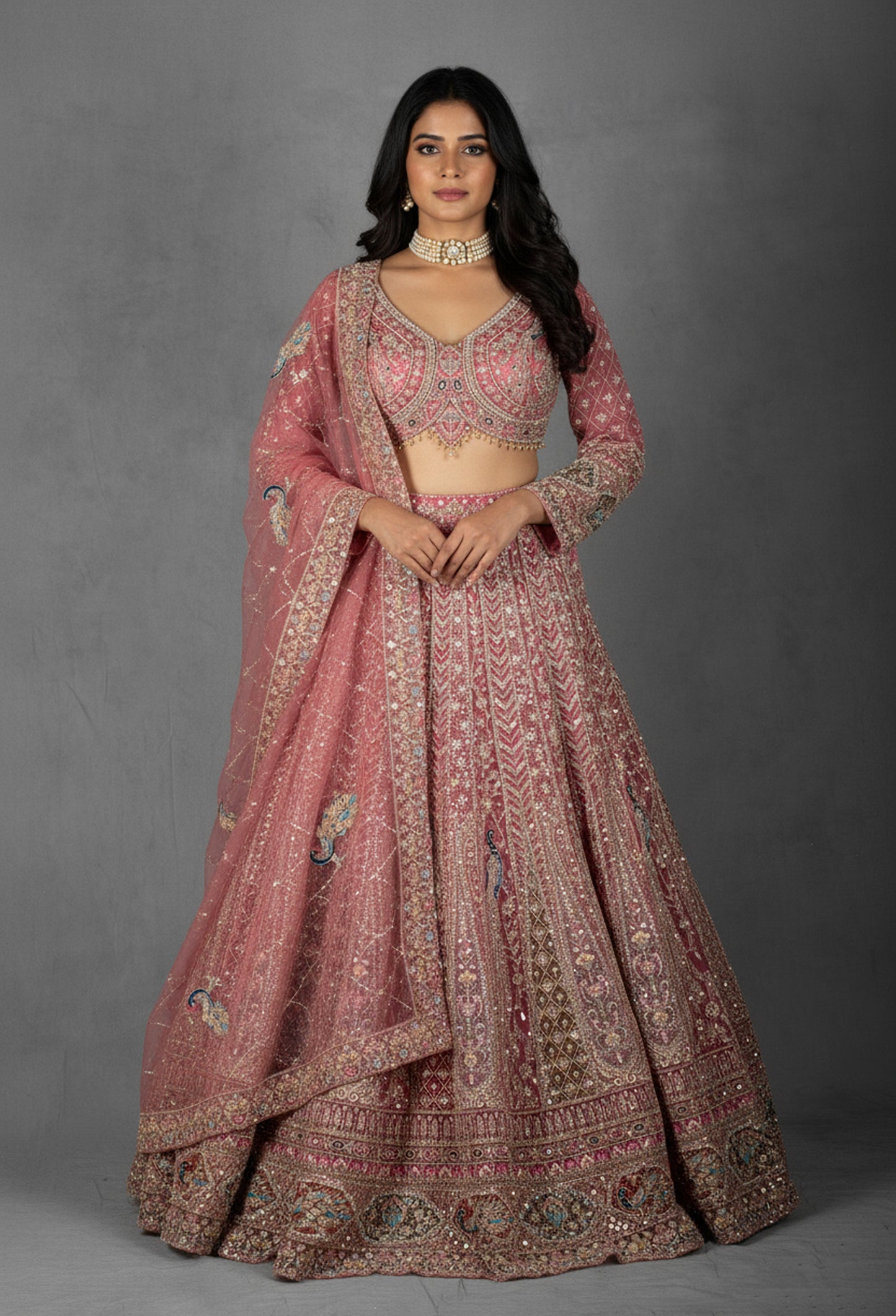 Dusty Rose Hand-Embroidered Bridal Lehenga with Peacock Motifs and Sequin Detailing
