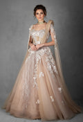 Nude Blush Floral Embellished Gown with Asymmetric Draped Shoulder