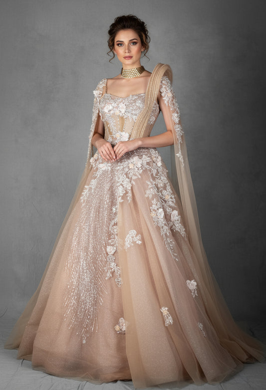 Nude Blush Floral Embellished Gown with Asymmetric Draped Shoulder