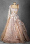 Nude Blush Floral Embellished Gown with Asymmetric Draped Shoulder