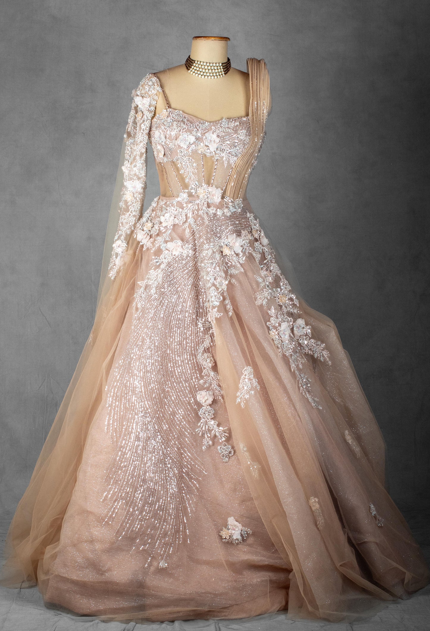 Nude Blush Floral Embellished Gown with Asymmetric Draped Shoulder